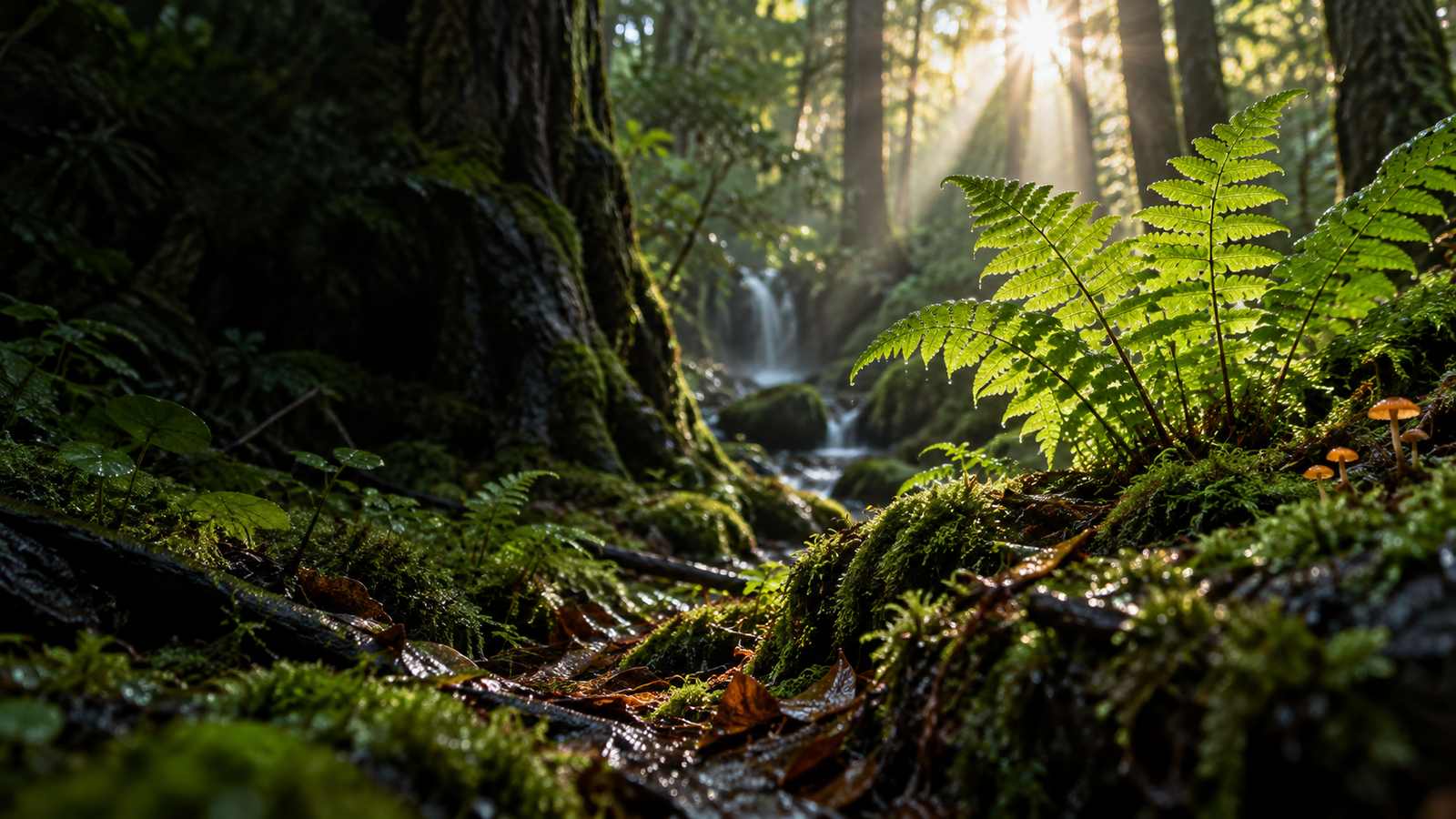Fern fronds and soft light in a lush forest